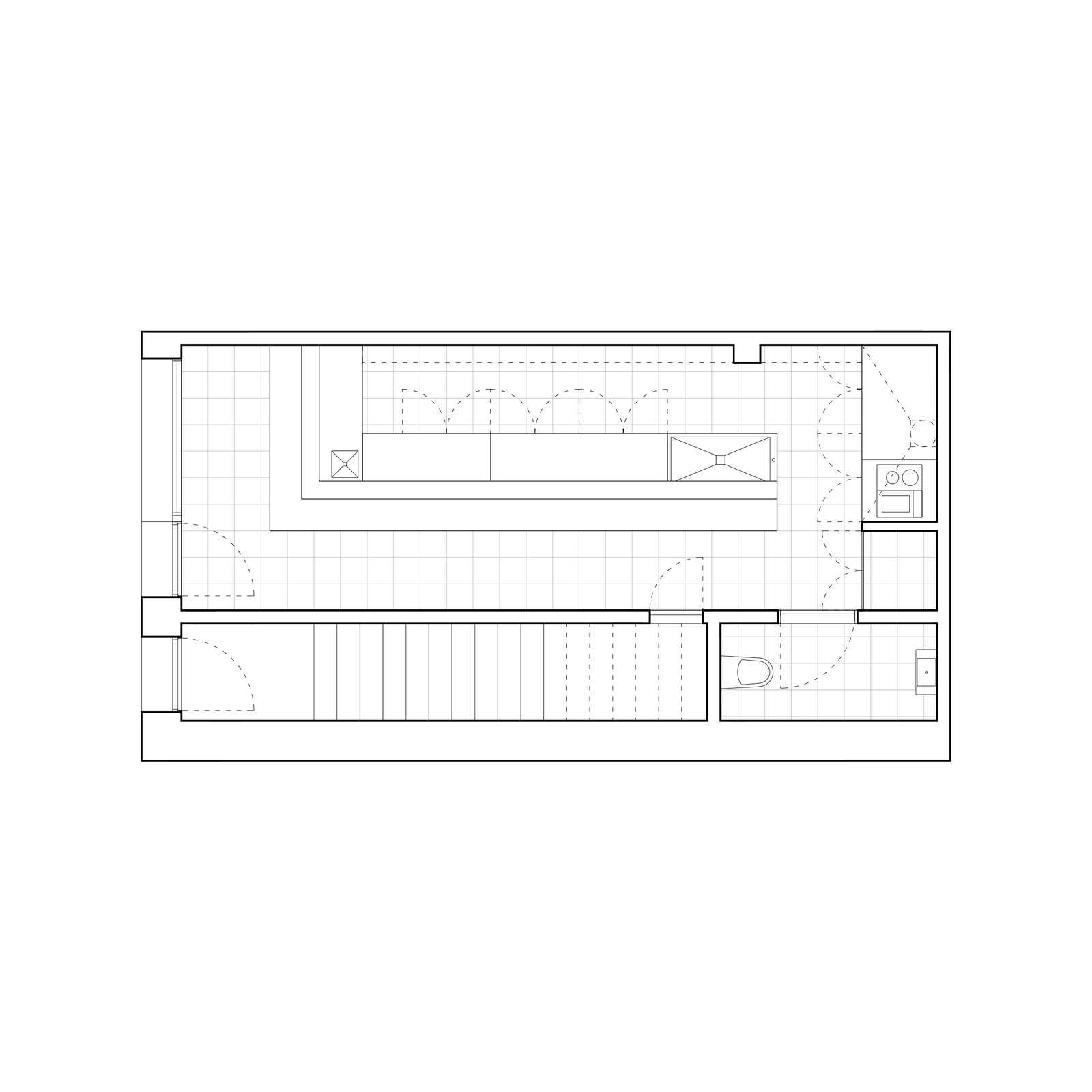 Plano arquitectónico de escaleras y cocina de hormigón — proyecto Yakinilo, por Estudio YME, en Av. Dorrego 1551